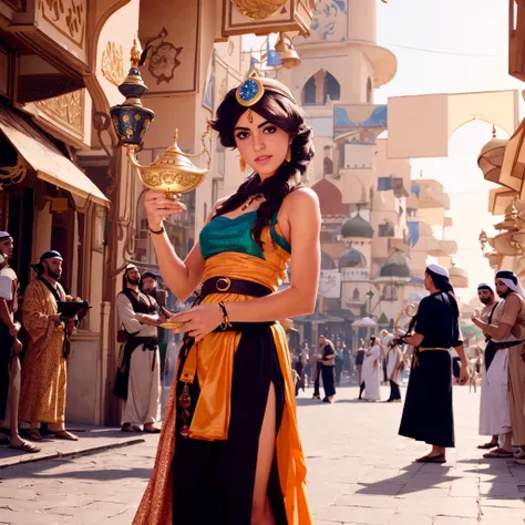 hyper-realistic photo of cute Middle-Eastern Tomboy princess in front of Arabian market, holding a magic lamp,brown hair with orange highlights,cluttered,ombre hair,boyish girl,weapons,sword in belt,Arabian nights,Agrabah,sultan's guards,busy street, shot on Canon EOS,30mm  <lora:genieLamp_v12:1>