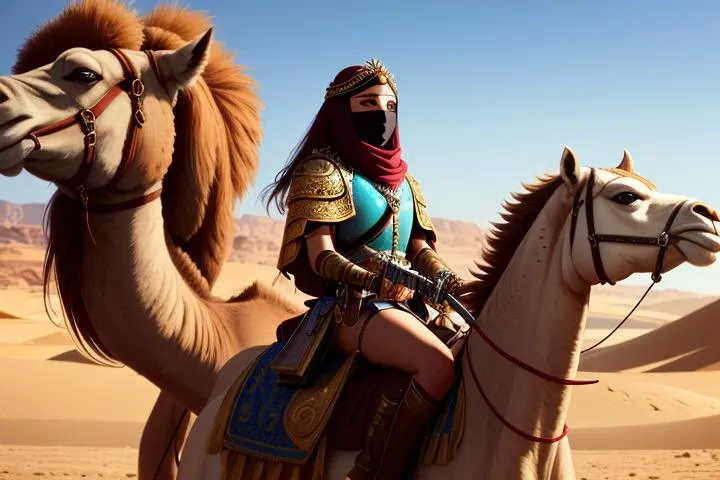 cinematic still,close-up, hyper-realistic photo of cool Sultana riding a camel, pretty face, thick eyebrows, cute girl in Middle-Eastern fantasy armor in desert during sandstorm, pistol in hand, facing camera, futuristic,swpunk,photorealism, flowing dark brown hair, Dune, (((curved sword))) on belt,by David Lynch,scarves, mask, ornate jewelry, vivid colors, cluttered, Oasis, HDR, natural lighting, shot on dslr, Fujifilm X-13, 8k,film grain, triadic colors, trending on artstation, mushroom rocks, Darude, <lora:epiNoiseoffset_v2:0.7>