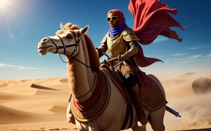 cinematic still,close-up, hyper-realistic photo of cool Sultana in Middle-Eastern fantasy armor and sunglasses riding a camel in desert during sandstorm, pistol in hand, futuristic,swpunk,photorealism, flowing dark brown hair, Dune, (((curved sword))) on belt,by David Lynch,scarves, veil, ornate jewelry, vivid colors, cluttered, Oasis, HDR, natural lighting, shot on dslr, Fujifilm X-13, 8k,film grain, triadic colors, trending on artstation, mushroom rocks, Darude, <lora:epiNoiseoffset_v2:0.7>