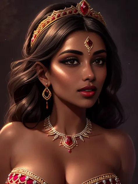 thepit bimbo, thepit style, glossy sexy bimbo, (((huge breasts))), (((beautiful indian woman, mature woman, black skin, royal palace, arabic palace))), long straight black hair, high cheekbones, sculpted face, perfect silicone tits, ((big red lips)), stunning red embroidered low cut gown, sexy, mysterious smile, seductive smile, masterpiece, high quality, 4k, beautiful design, extremely detailed, amazing, fine detail, absurdres, highly detailed woman, extremely detailed eyes and face, by lee jeffries, dark studio, rim lighting, two tone lighting, dimly lit, low key, (((very dark))), stunning mature indian woman with long black hair wearing low cut red dress with deep cleavage and necklace studded with rubies, intricate tiara studded with emeralds and diamonds, wearing expensive jewelry, (large necklace:1.25) <lora:epiNoiseoffset_v2:2>