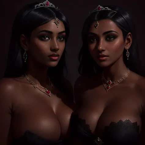 ((2girls, two women, face and breasts)), thepit bimbo, thepit style, glossy sexy bimbo, (((huge breasts))), (((two beautiful indian women, black skin, royal palace, arabic palace))), long straight black hair, high cheekbones, perfect silicone tits, stunning embroidered low cut gown, sexy, looking at viewer, mysterious smile, seductive smile, masterpiece, high quality, 4k, beautiful design, extremely detailed, amazing, fine detail, absurdres, highly detailed woman, extremely detailed eyes and face, by lee jeffries, dark studio, rim lighting, two tone lighting, dimly lit, low key, (((very dark))), two stunning indian women with long black hair wearing low cut dresses with deep cleavage and necklaces studded with rubies, intricate tiara studded with emeralds and diamonds, wearing expensive jewelry, (large necklace:1.25) <lora:epiNoiseoffset_v2:3>