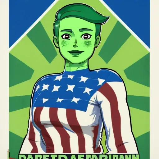 <lora:tendi-Lora:1> a screen print of tendi wearing an american flag shirt, green skin, propaganda poster, limited colors