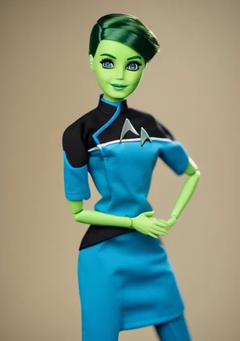 <lora:tendi-Lora:0.8> tendi as a barbie doll wearing a starfleet uniform, green skin