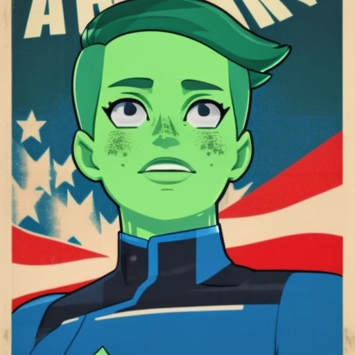 <lora:tendi-Lora:1> a screen print of tendi wearing an american flag shirt, green skin, propaganda poster, limited colors, halftone, 40s poster art style, war propaganda, starship enterprise in the background