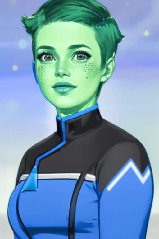 lds <lora:tendi-Lora:1> lds, a painting of tendi wearing a blue starfleet uniform, green skin, christlike