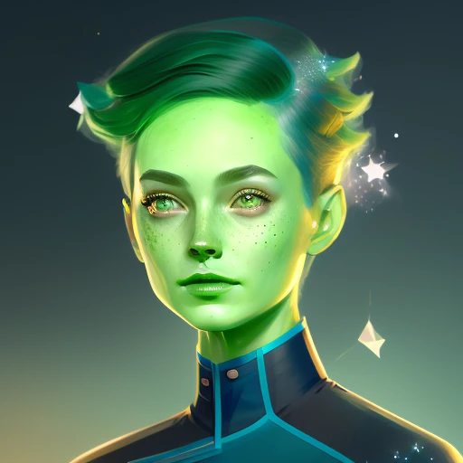 dreamlikeart <lora:tendi-Lora:1> a digital painting of tendi, green skin, dreamlikeart, starfleet uniform, nebula tendrils and twinkling stars envelop the composition