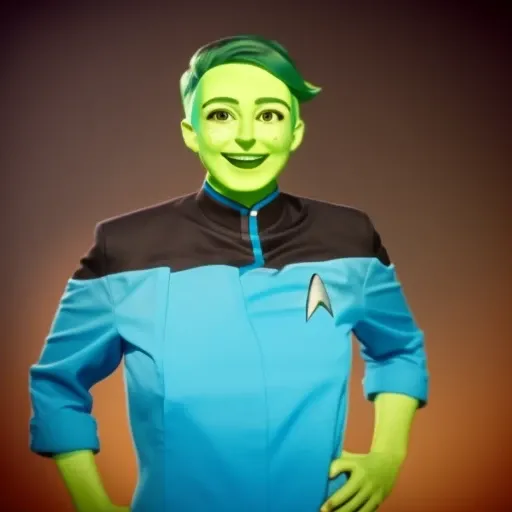 <lora:tendi-Lora:1> a photo of tendi wearing a yellow starfleet uniform awkwardly smiling in front of a solid blue background, green skin, looking at the camera, hands on her hips