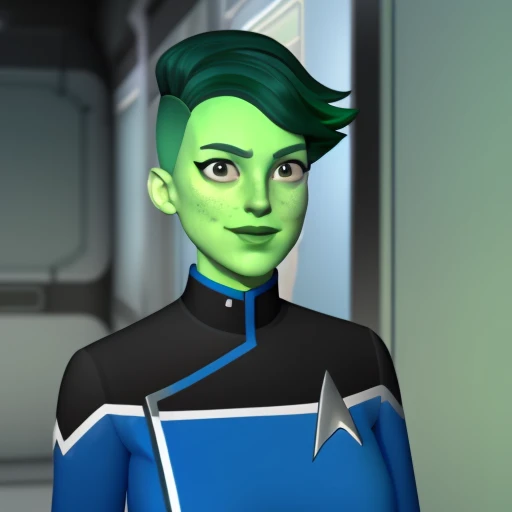 <lora:tendi-Lora:1> a portrait photo of tendi wearing a starfleet uniform and standing in a scifi corridor, green skin, screenshot from Star Trek: The Next Generation