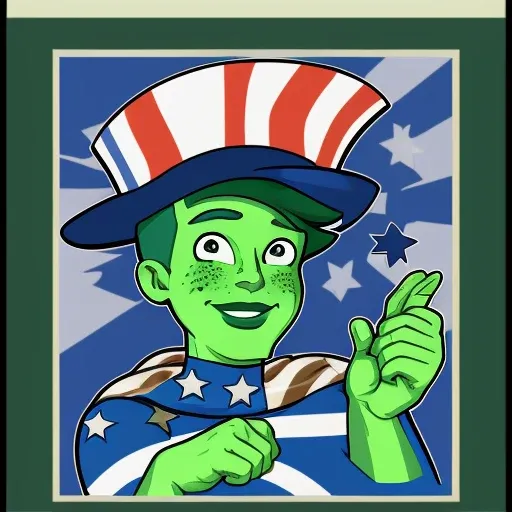 <lora:tendi-Lora:1> a screen print of tendi wearing an american flag shirt and an uncle sam chimney hat, green skin, propaganda poster, limited colors