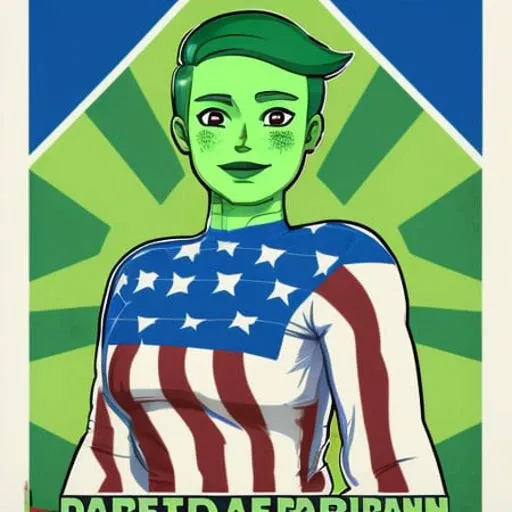 <lora:tendi-Lora:1> a screen print of tendi wearing an american flag shirt, green skin, propaganda poster, limited colors