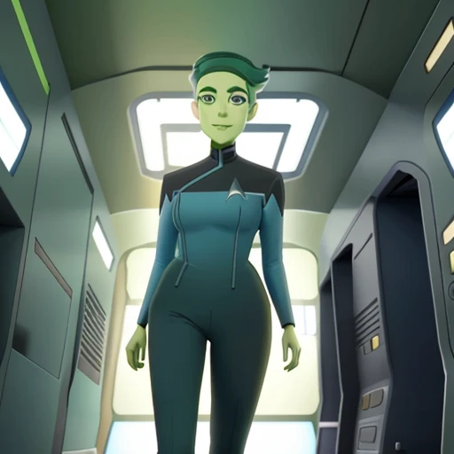 <lora:Tendi:1> a cartoon of tendi wearing a starfleet uniform and standing in a scifi corridor, green skin