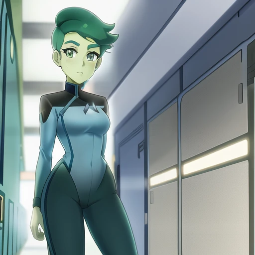 <lora:Tendi:1> a cartoon of tendi wearing a starfleet uniform and standing in a scifi corridor, green skin