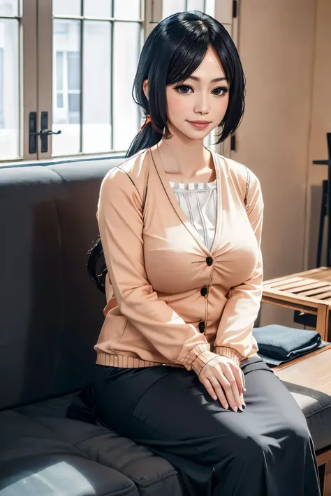 MiyukiSSV4, solo, black hair, parted bangs, milf, cardigan, long sleeves, long skirt, looking at viewer, serious, shy smile, blush, medium shot,
sitting, legs crossed, interior of japanese living room, sofa, extreme detail, hdr, beautiful quality, <lora:MiyukiSSV4:.8>