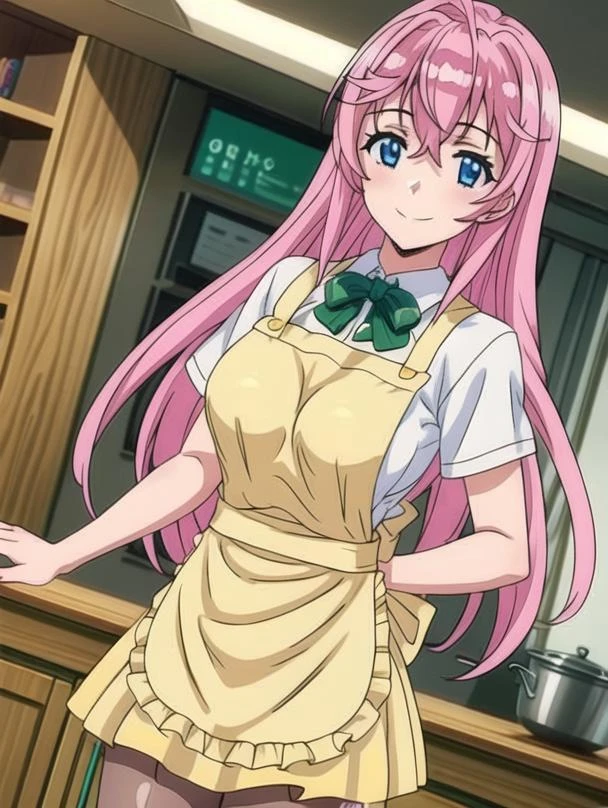masterpiece, best quality, otome, 1girl, smile, happy, blue eyes, Pink haired, long hair, fit body, slender body, (correct anatomy), big boobs, green bow, white shirt, yellow apron, red miniskirt, green pantyhose, both hands hidden, both hands behind the back, <lora:Otome:0.7>, <lora:add_detail:0.5>