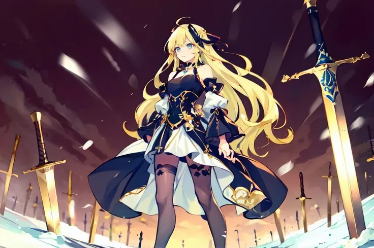 ultra detailed, masterpiece, best quality, <lora:ubw:1> planted, planted sword, snow, gears,
solo, cowboy shot, facing to the side, looking away, looking down, 
1girl, blue eyes, very long hair, blonde hair, long blonde hair, french braid, bangs, medium breasts,
hair ribbon, frilled choker, criss-cross halter, sleeveless dress, high-waist skirt, backless dress, waist bow, detached sleeves, frilled sleeves, wide sleeves, pantyhose, patterned legwear, mary janes,