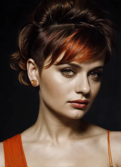 portrait of sks woman by Flora Borsi, style by Flora Borsi, bold, bright colours, orange Mohawk haircut, ((Flora Borsi)), <lora:locon_joeyking_v1_from_v1_64_32:1>
