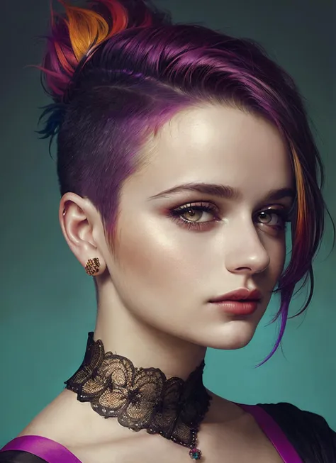 portrait of sks woman by Flora Borsi, style by Flora Borsi, bold, bright colours, rainbow Mohawk haircut, ((Flora Borsi)), <lora:locon_joeyking_v1_from_v1_64_32:1>