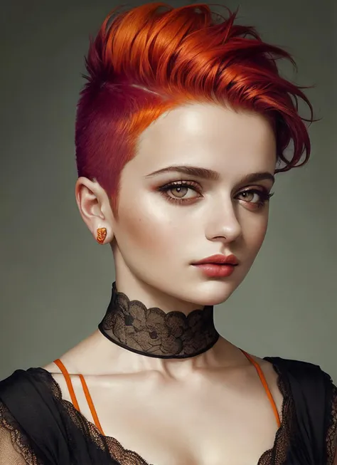 portrait of sks woman by Flora Borsi, style by Flora Borsi, bold, bright colours, orange Mohawk haircut, ((Flora Borsi)), <lora:locon_joeyking_v1_from_v1_64_32:1>