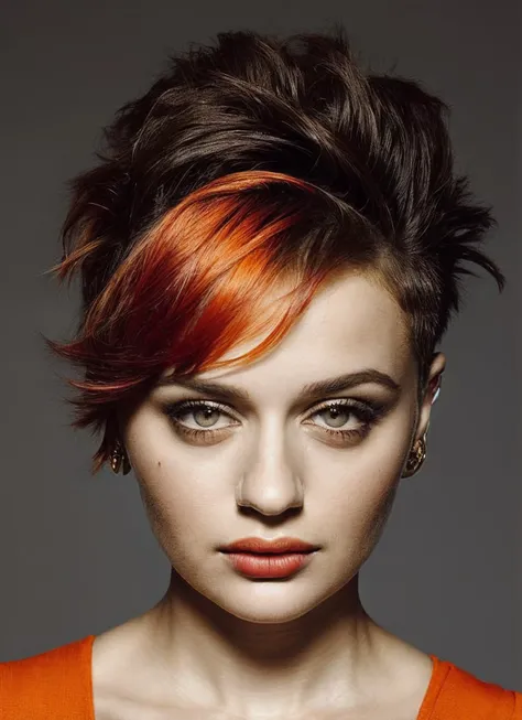 portrait of sks woman by Flora Borsi, style by Flora Borsi, bold, bright colours, orange Mohawk haircut, ((Flora Borsi)), <lora:locon_joeyking_v1_from_v1_64_32:1.25>