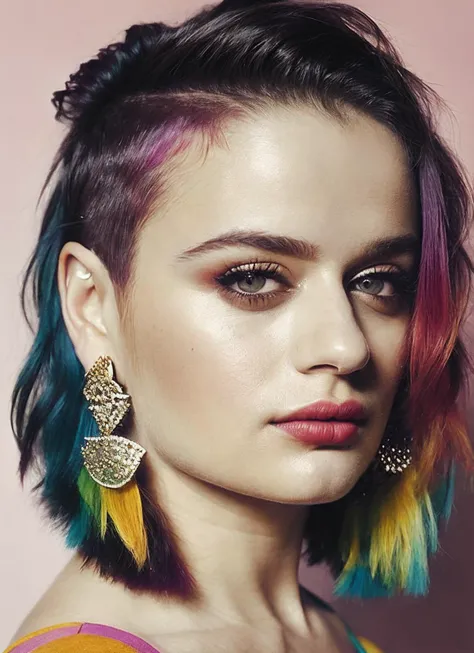 portrait of sks woman by Flora Borsi, style by Flora Borsi, bold, bright colours, rainbow Mohawk haircut, ((Flora Borsi)), <lora:locon_joeyking_v1_from_v1_64_32:1.25>