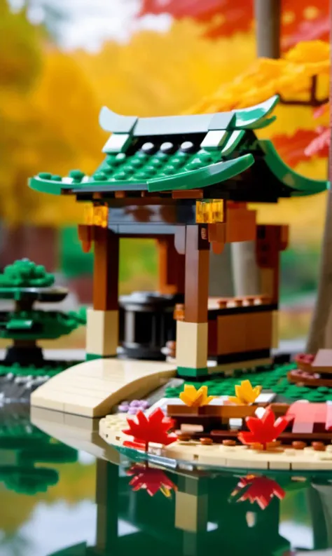 LEGO Creator, (Award-winning photograph), (Japanese garden), (Autumn foliage), (Vibrant colors), (Fallen leaves), (Nature's beauty), (Red and gold hues), (Maple trees), (Reflections on water), (Peaceful tranquility), (Traditional wooden architecture), (Rustic bridges), (Soothing natural sounds), (Seasonal delight), (Serene garden views), (Low-angle perspective), (natural lighting), (Wide-angle lens capturing scenery), hidden objects games, video game concept art, (8K Unity wallpaper), fine details, award-winning image, highly detailed, 16k, cinematic perspective, ((video game environment concept art style)), pretty colors, cinematic environment, <lora:lego_v2.0_XL_32:0.8>