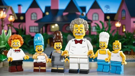 Positive: cinematic photo lego <lora:lego_v2.0_XL_32:0.7> . 35mm photograph, film, bokeh, professional, 4k, highly detailed, the oompa loompas in the simpsons 90 cartoon doug and his friends by Carl Barks by Matthew Barney