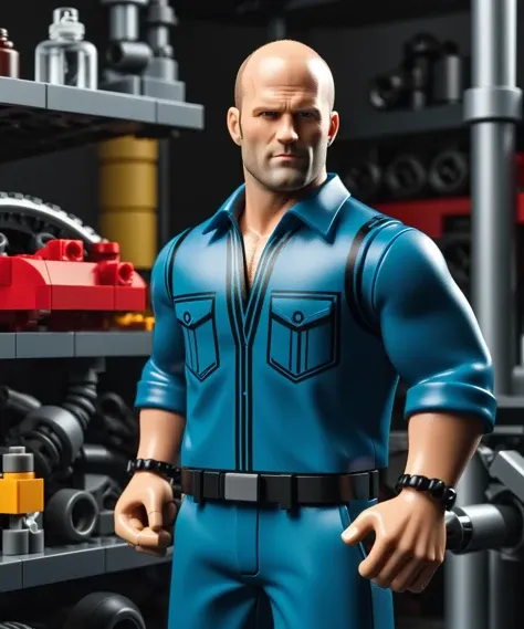 LEGO Creator minifig jason statham as the mechanic in a mechanics garage, vibrant, beautiful, crisp, detailed, ultra detailed, intricate