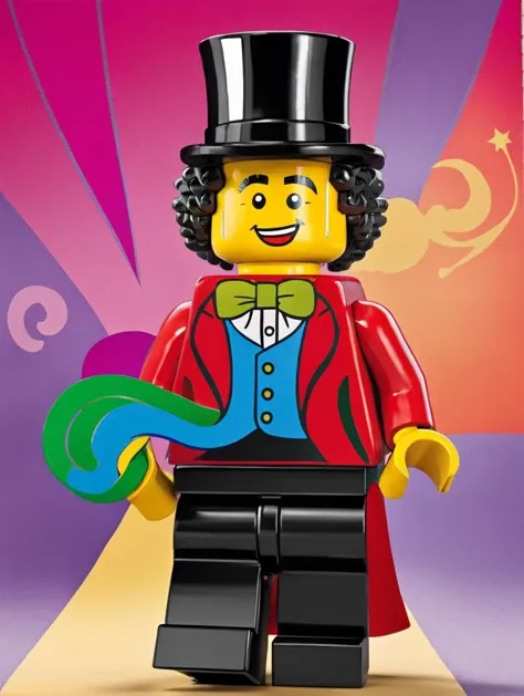 <lora:Lego_XL_v2.1:0.8>
LEGO MiniFig.
A man with curly hair and a whimsical expression wears a velvet top hat and red coat amidst a colorful, dreamlike backdrop