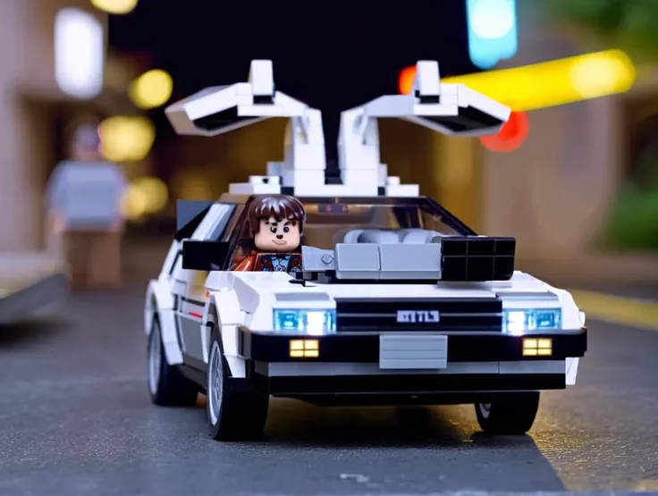 <lora:Lego_XL_v2.1:0.8>
film still, LEGO Creator, DeLorean car in the movie of Back to the Future, on street, at night