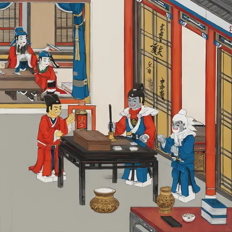 <lora:lego_v2.0_XL_32:0.8>, <lora:Liaozhai_xl_v1.0:0.6>, LEGO MiniFig, A Saint Seiya man in blue and a hat salutes, a ghost judge in a hat and red clothes salutes, they are sitting at desk and drinking, indoors, desk, by Chinese Meticulous painting style, Liaozhai art