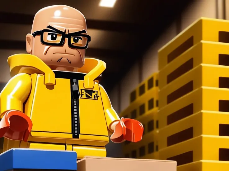 LEGO MiniFig, a bald tough man with glasses and extended goatee, with serious expression, in a yellow protective suit, in a warehouse, with stacks of stacks of money behind him <lora:lego_v2.0:0.8>, masterpiece, high detail, 8k, high detailed skin, 8k uhd, high quality