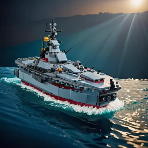 a photo of <lora:lego_v2.0_XL:0.8> LEGO Creator, battleship, floating in the water, cinematic, beautiful lighting