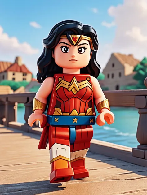 LEGO MiniFig, Wonder woman on a bridge with serious face <lora:lego_v2.0:0.8>, masterpiece, high detail, 8k, high detailed skin, 8k uhd, high quality