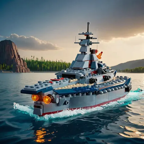 a photo of <lora:lego_v2.0_XL:0.8> LEGO Creator, battleship, floating in the water, cinematic, beautiful lighting