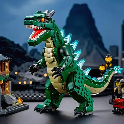a photo of <lora:lego_v2.0_XL:0.8> LEGO Creator, godzilla, kaiju, cinematic, beautiful lighting
