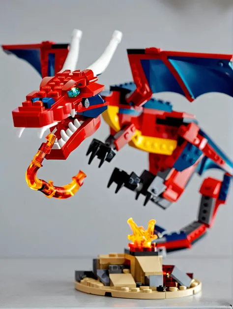 LEGO Creator, a dragon, fire, lava, dark athmosphere <lora:lego_v2.0_XL_32:0.8>