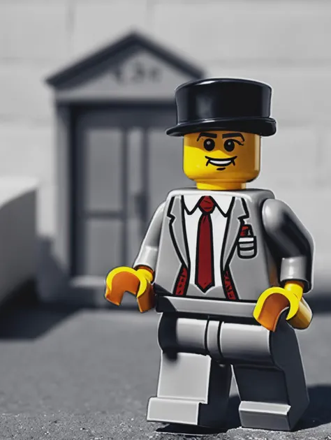 LEGO MiniFig, a thin mid-aged american man in a grey porkpie hat and a grey suit, in front of a white building, in 1940s <lora:lego_v2.0:0.8>