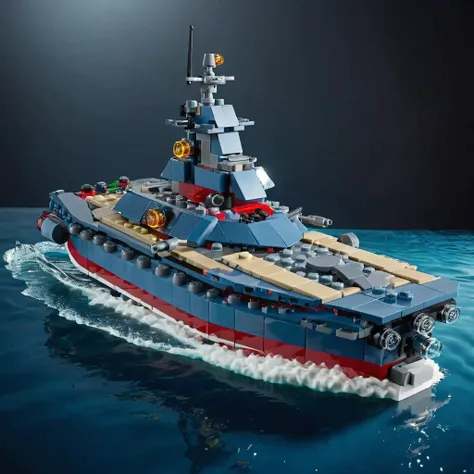 a photo of <lora:lego_v2.0_XL:0.8> LEGO Creator, battleship, floating in the water, cinematic, beautiful lighting