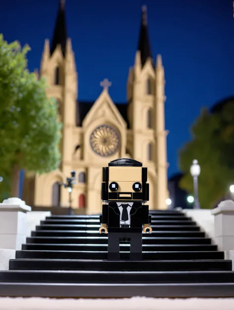 <lora:lego_v2.0_XL_32:0.8>
LEGO BrickHeadz, John Wick in black suit, standing on stairs, in front of Saint-Eustache Church, at night