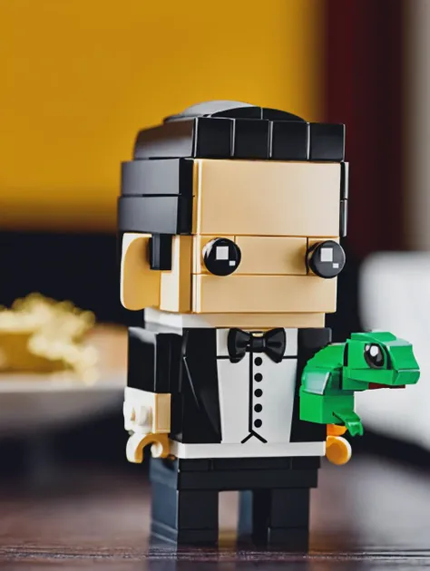 LEGO BrickHeadz, a man with sideburns and brown hair in a tuxedo, with a lizard (((on his shoulder))), at a banquet <lora:lego_v2.0:0.8>