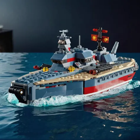a photo of <lora:lego_v2.0_XL:0.8> LEGO Creator, battleship, floating in the water, cinematic, beautiful lighting