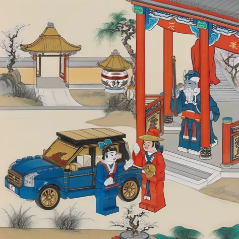 <lora:lego_v2.0_XL_32:0.8>, <lora:Liaozhai_xl_v1.0:0.6>, LEGO MiniFig, A Saint Seiya man in blue and a hat salutes, a ghost judge in a hat and red clothes salutes, outdoor, ((car)), by Chinese Meticulous painting style, Liaozhai art