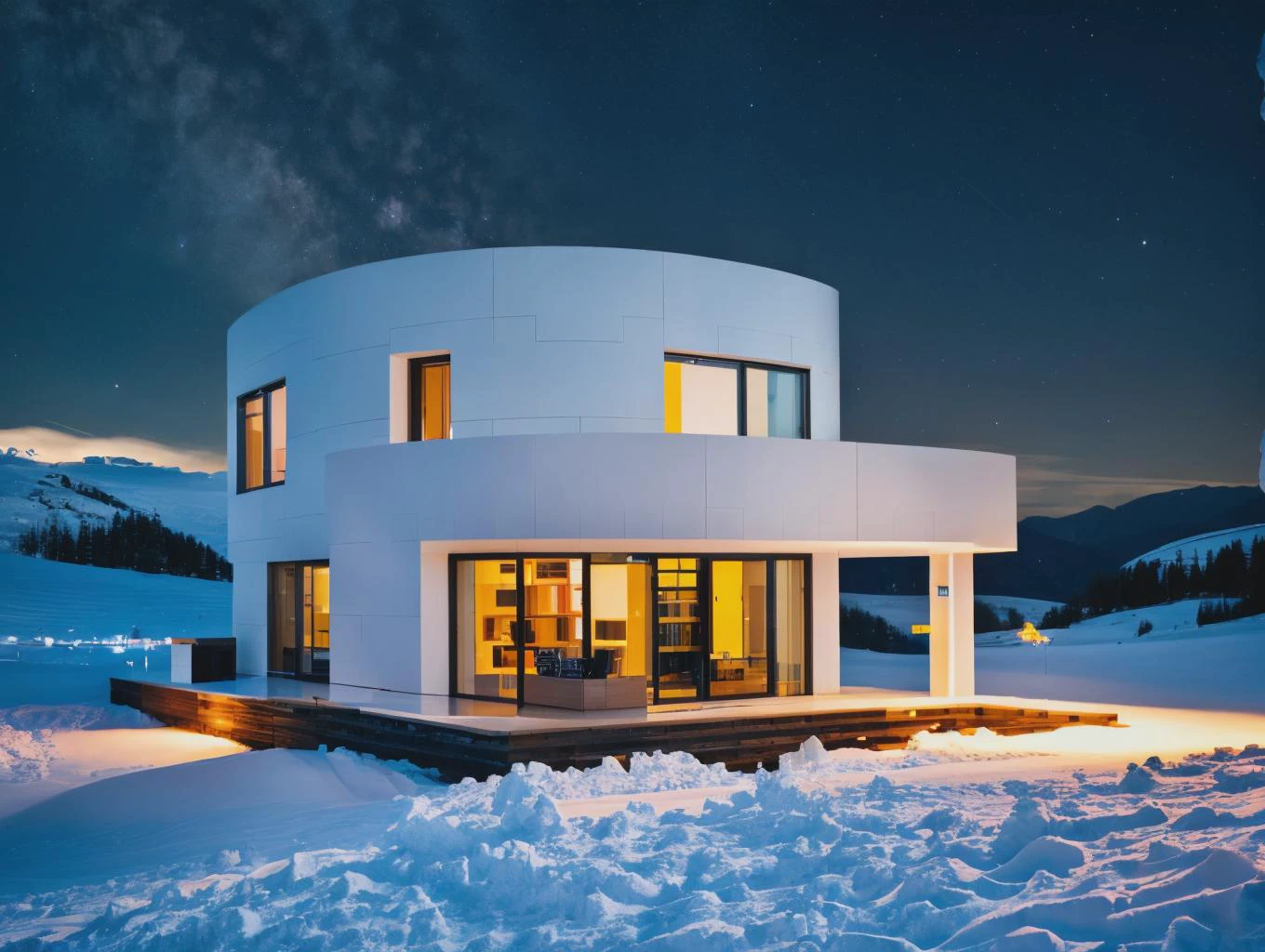 RAW photo, <lora:lego_v2.0:1>LEGO Creator, a modern building in a snow mountain, at night, galaxy, by ando tadao, 8k uhd, dslr, soft lighting, high quality, film grain, Fujifilm XT3