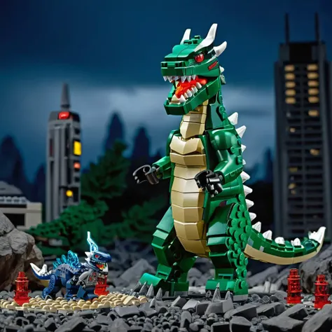 a photo of <lora:lego_v2.0_XL:0.8> LEGO Creator, godzilla, kaiju, cinematic, beautiful lighting