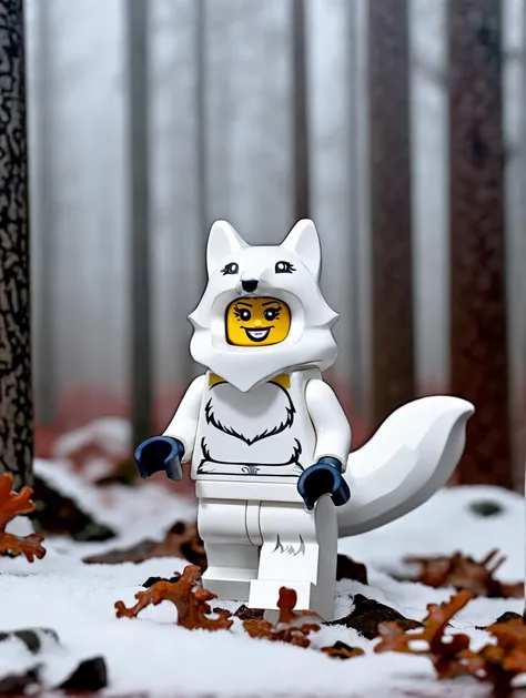 <lora:lego_v2.0_XL_32:0.8>
LEGO MiniFig, a girl in a white fox costume, in foggy snowy woods