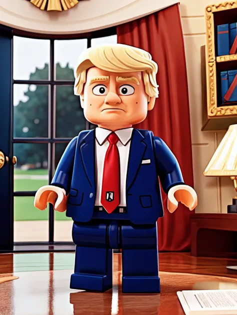 LEGO MiniFig,  Trump in the oval office  <lora:lego_v2.0:0.8>, masterpiece, high detail, 8k, high detailed skin, 8k uhd, high quality