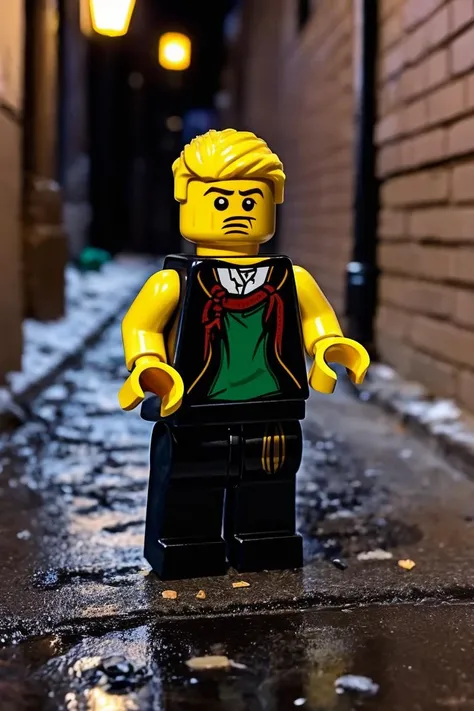photo of a man <lora:lego_v2.0:0.6> lego minifig, a man drunk, puking on the street in an alley, night