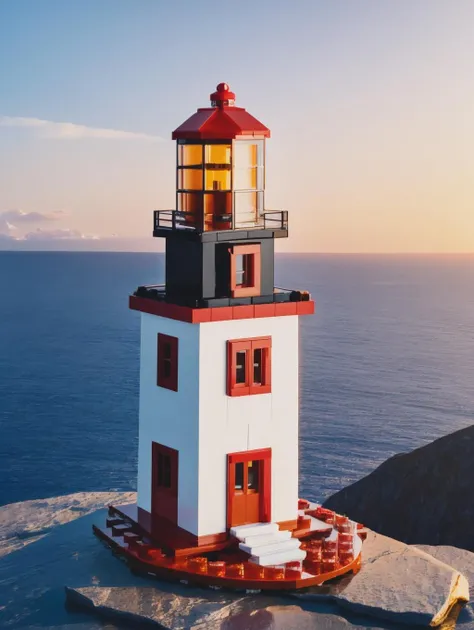 LEGO Creator, a lighthouse on cliff in greenland, sunset <lora:lego_v2.0:0.8>, masterpiece, high detail, 8k, high detailed skin, 8k uhd, high quality