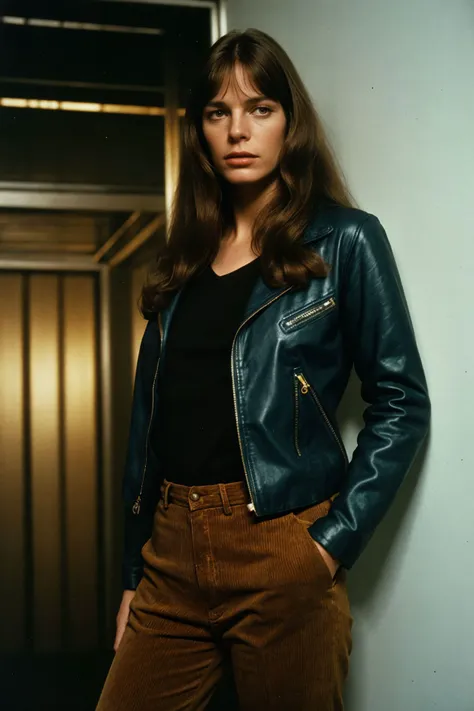 gorgeous natural 1970s science fiction muted raw portrait, (sfw:1.2) J4n3B1rk1n_HM-135 as a serious beatnik, 1970s science fiction nonchalant (biker jacket), (simple shirt), (corduroy pants), in front of the 1970s science fiction nonchalant entrance of a flashy nightclub, night, 1970s science fiction utilitarian scene, bold posture, looking at the viewer, gold and brass, 1970s science fiction photo, epic character composition, sharp focus, subsurface scattering, f2, 35mm, film grain