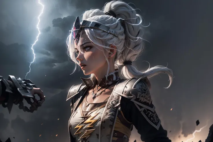 masterpiece, best quality, intricate details, realistic,8k ,nfsw,simple background,(1girl,miaoying, ponytail, white hair, ((helmet))), pale skin, full body, beautiful eyes, cute and beautiful, adult, Sagging breasts, detailed skin, sweating, black shiny medal collar,<lora:miaoying02-000010:0.8>,(dirt in the air:1.2),looking at viewer,Hand lightning,(hair blowing in the wind),volumetric fog,float lightly in the air,(Lightning in the air:1.2), (A powerful warrior, manipulating lightning and storms. Lightning surged in her hands. the sky is dark, with flashes of lightning illuminating the clouds, as if a thunderstorm is brewing.),legendary Scenes,pureerosface_v1